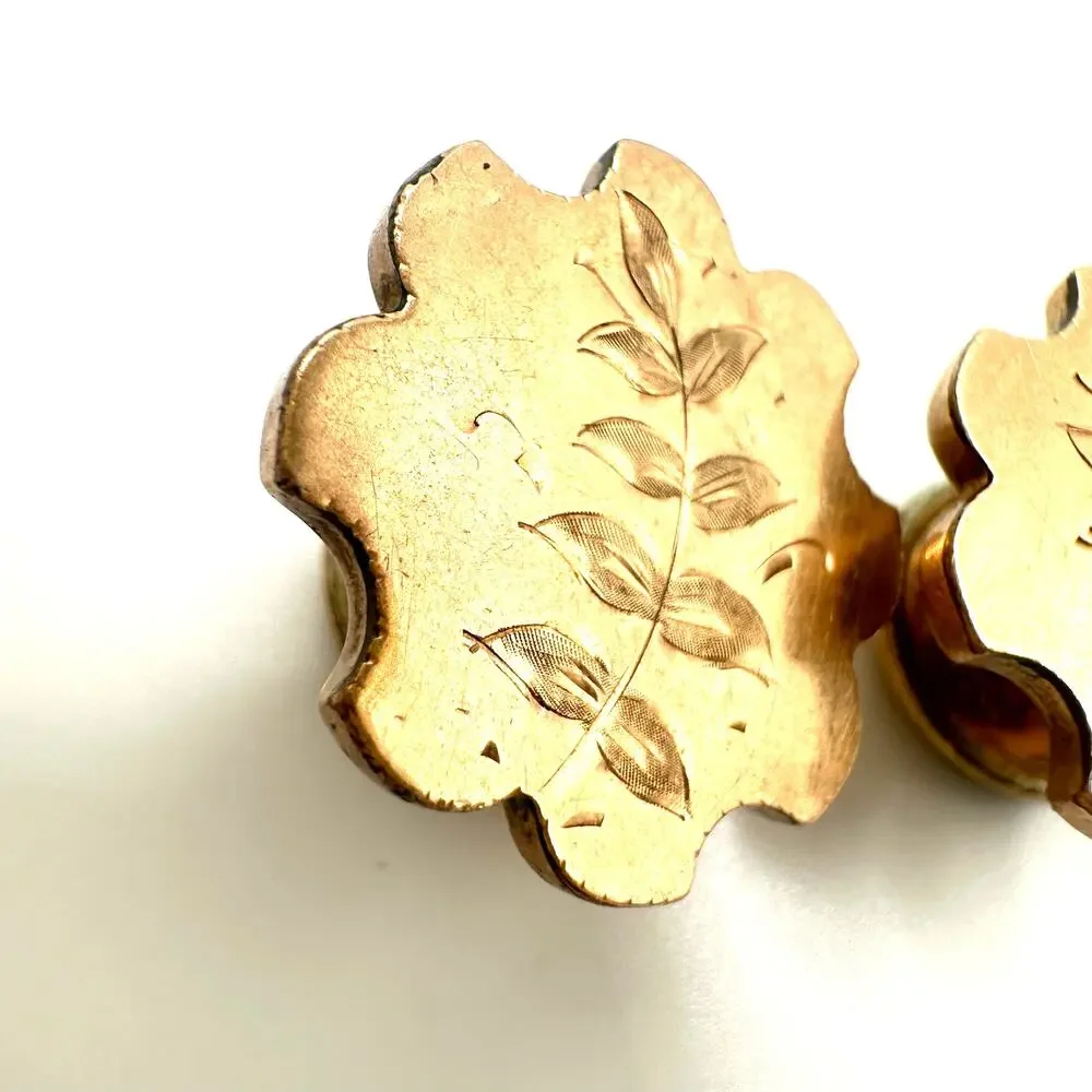 Antique Victorian signed 1880s rose gold filled etched fern leaves cufflinks